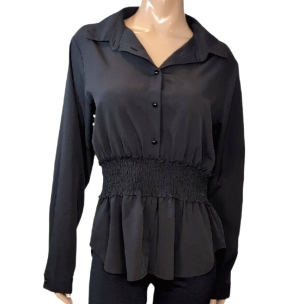 Guess Smock Waist Blouse Womens Large Black Long Sleeve Buttoned Shirt Top Large